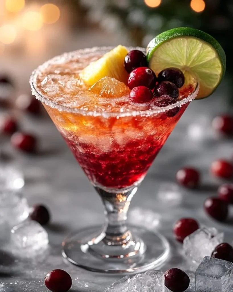 Glass of Cranberry Pineapple Fizz drink garnished with a lime wedge and mint sprig, showcasing the vibrant colors and fizzy texture of this refreshing tropical beverage.