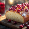 A freshly baked loaf of Ocean Spray cranberry bread recipe, sliced to reveal a tender crumb, sits on a wooden board surrounded by vibrant cranberries and a glass of cranberry juice, dusted with powdered sugar, in a cozy kitchen setting.