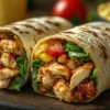 BBQ chicken wraps with lettuce, tomatoes, and corn, perfect for easy meals for sports nights, on a wooden board.