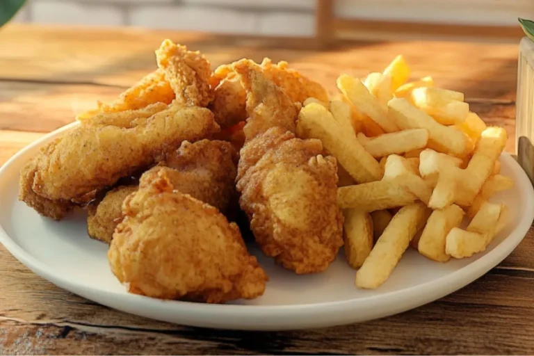 Plate of crispy hip hop fish and chicken wings with golden fries on a wooden table.