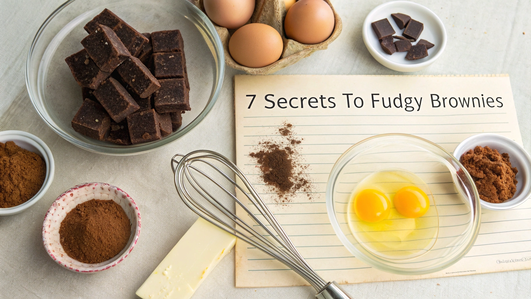 Essential ingredients for homemade brownies recipe - cocoa, chocolate chunks, butter