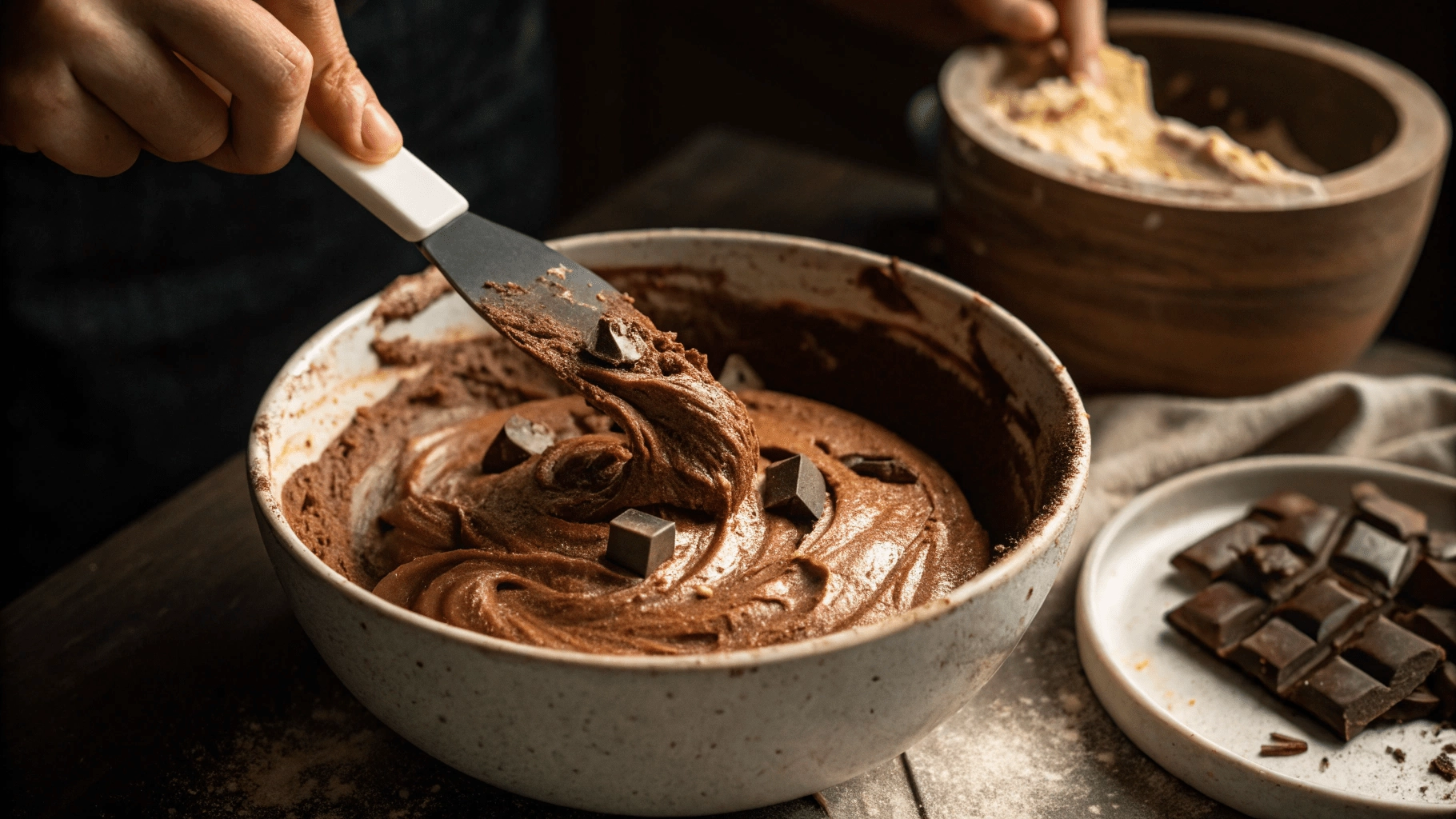 Mixing thick batter for homemade brownies recipe with chocolate chunks