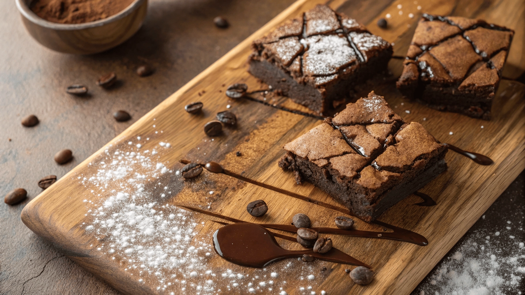 Gooey homemade brownies recipe with cracked tops and chocolate drizzle on a wooden board