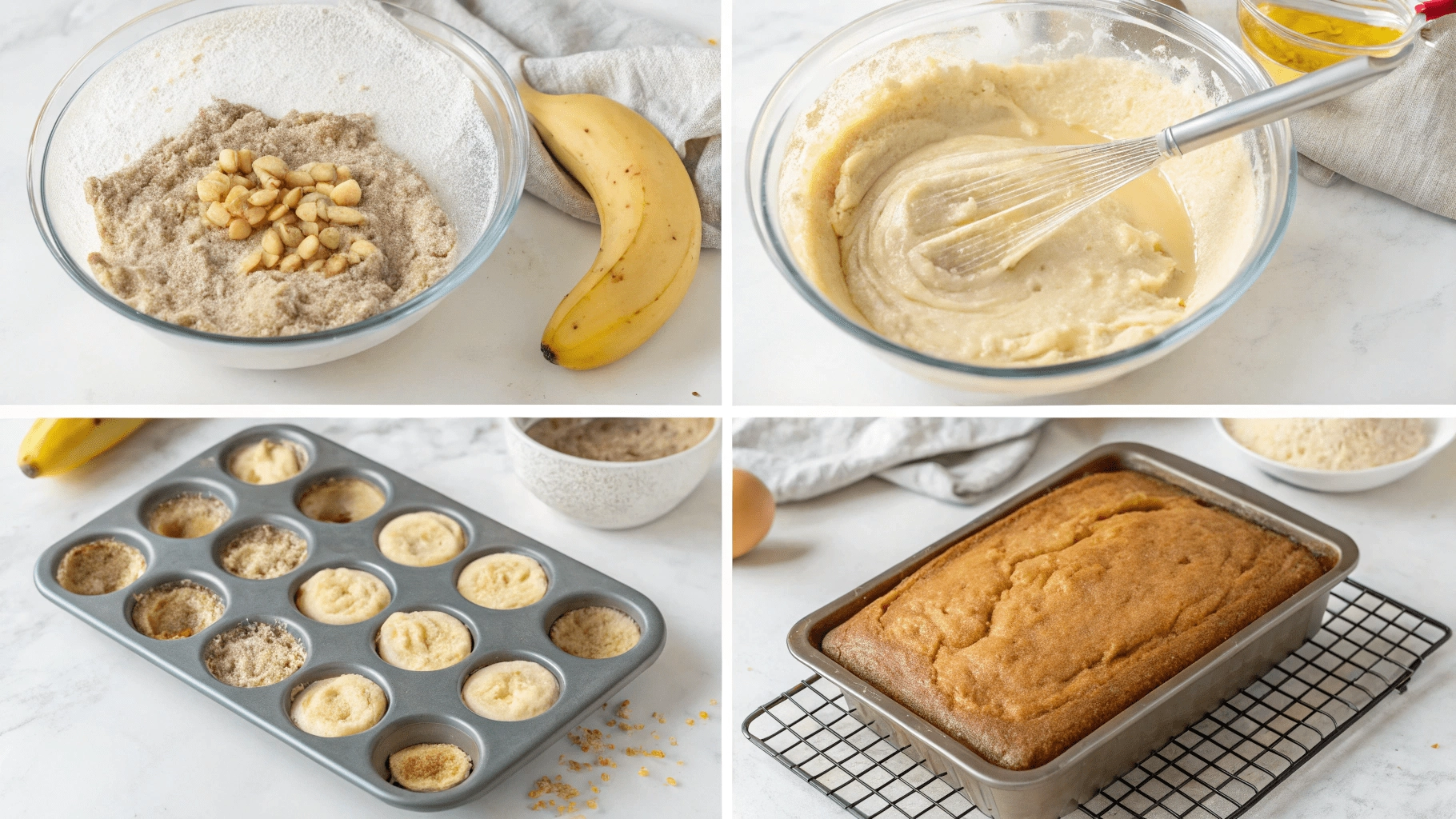 Step-by-step collage showing the banana bread baking process from mixing to cooling.