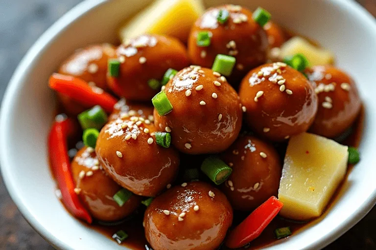 Glossy sweet and sour meatballs with sticky sauce, pineapple, and peppers – the perfect party appetizer