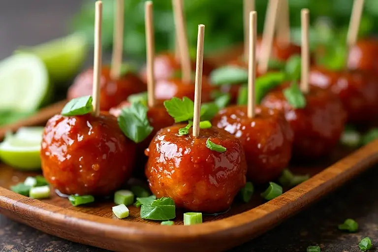 Easy party appetizer: sticky sweet and sour meatballs with lime garnish