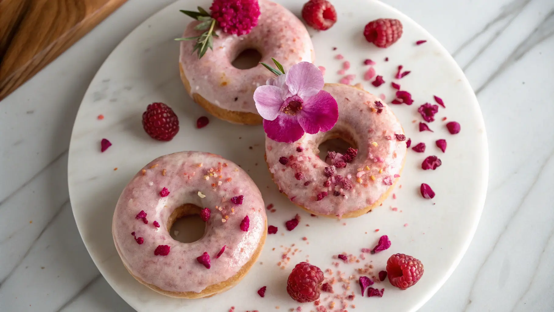 Freshly made hibiscus glazed donuts topped with floral garnishes and raspberries – a sweet floral treat