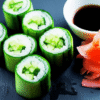 Close-up of delicious cucumber sushi rolls served with soy sauce and pickled ginger, showcasing a healthy and visually appealing vegetarian dish.
