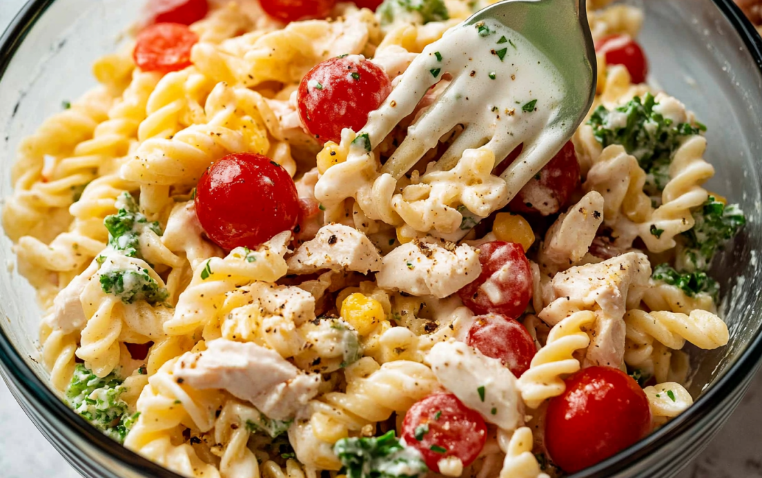 A colorful bowl of chicken pasta salad with pasta, cherry tomatoes, broccoli, corn, and creamy dressing, served with a fork.
