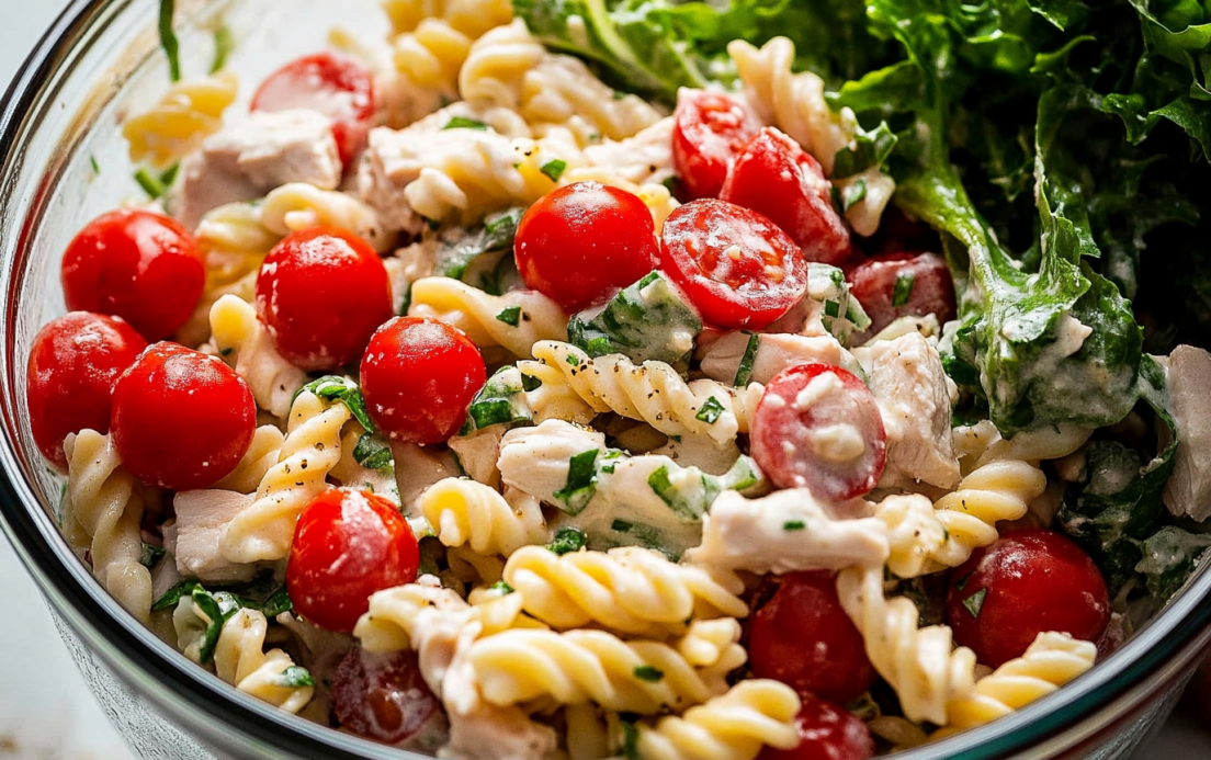 A vibrant bowl of chicken pasta salad with fusilli pasta, cherry tomatoes, fresh greens, and creamy dressing.