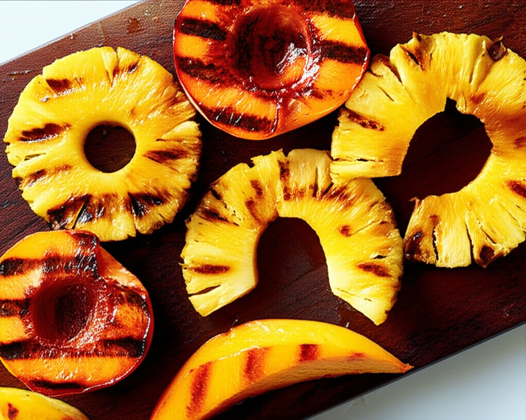 Close-up of colorful leftover grilled fruit, including pineapple, peaches, and mango, arranged on a dark wooden cutting board. The grill marks are visible and appetizing.