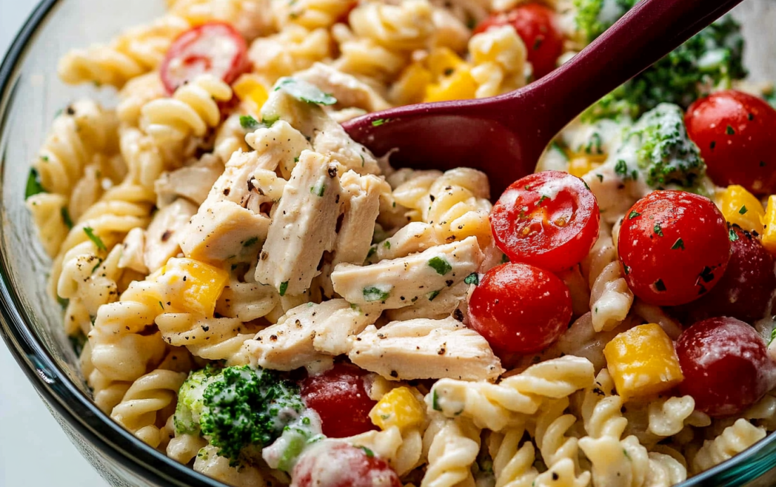 A colorful bowl of chicken pasta salad with fusilli pasta, cherry tomatoes, broccoli, corn, and creamy dressing, served with a spoon.
