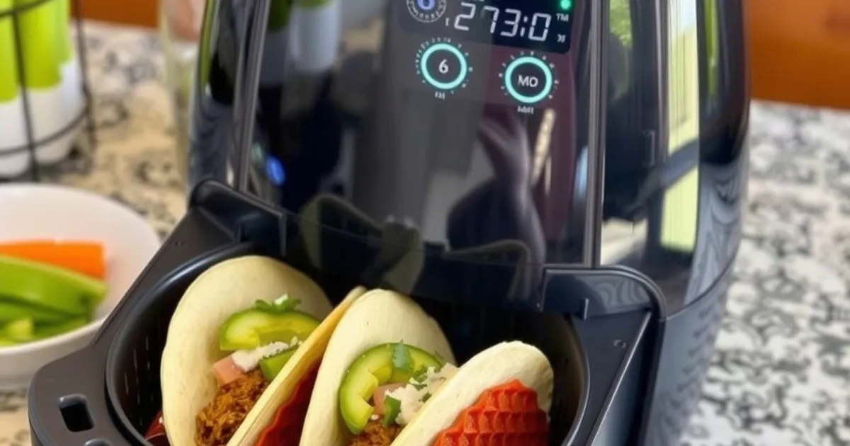 Air fryer with three birria tacos inside, ready to be cooked to perfection.