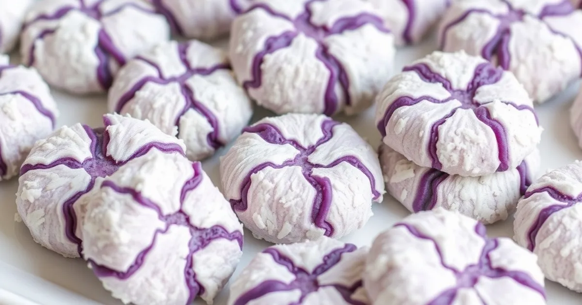 Overhead shot of numerous Ube Crinkle Cookies on a white platter.