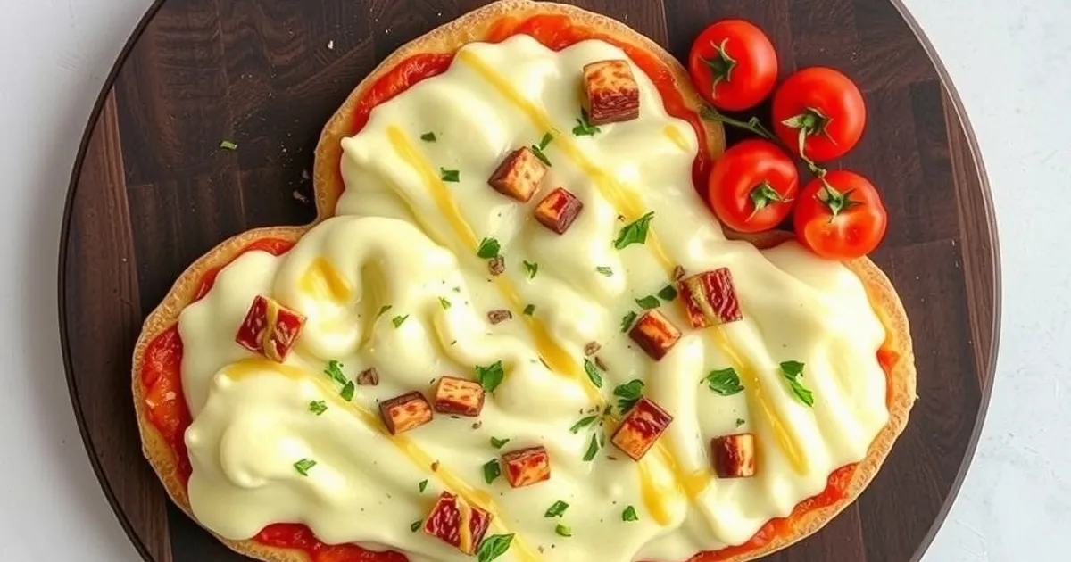 Close up of cloud bread pizza on a round wooden board