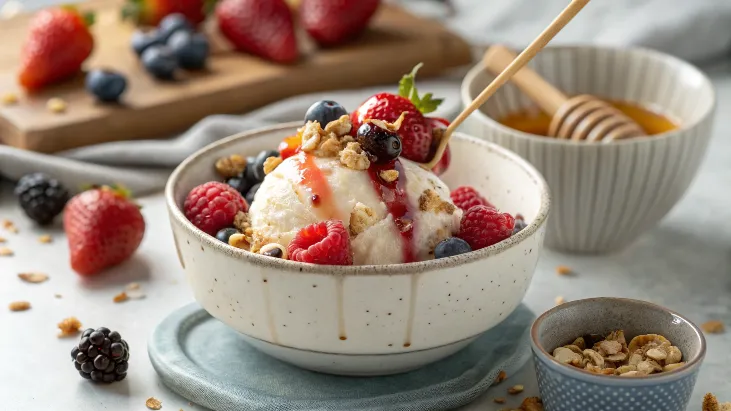 A bowl of cottage cheese ice cream topped with fresh berries, granola, and honey.