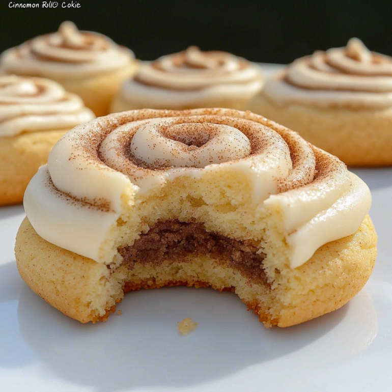 A close-up image of several Cinnamon Roll Cookies, with the front cookie partially eaten to show the interior.