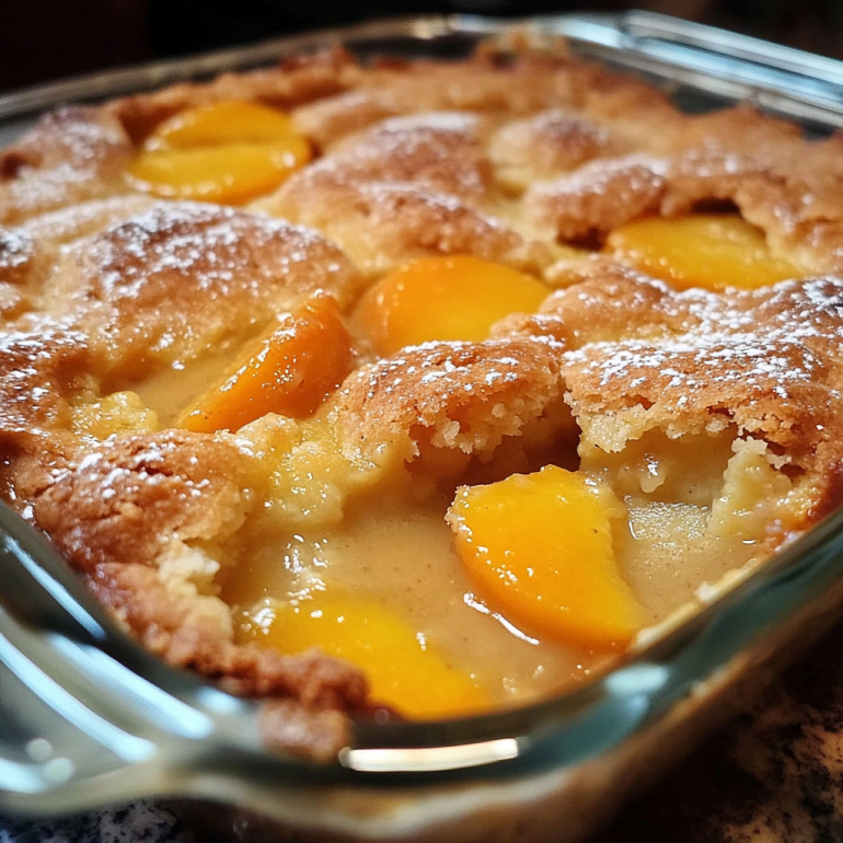 A partially eaten peach cobbler in a glass dish with powdered sugar on top.