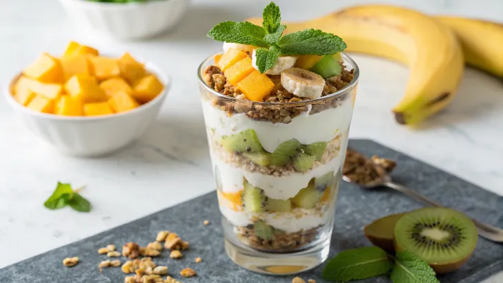 A layered parfait with cottage cheese, fruit, granola, and a mint garnish.