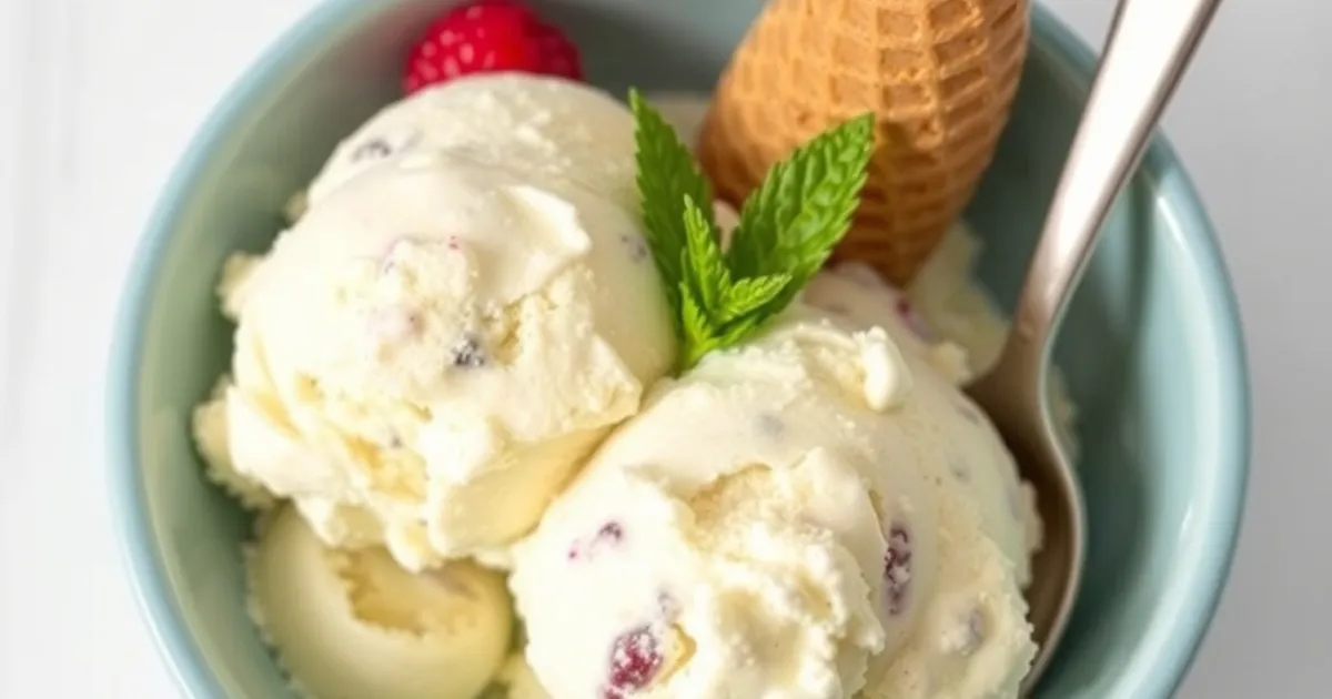 Bowl of cottage cheese ice cream with waffle cone piece and raspberry