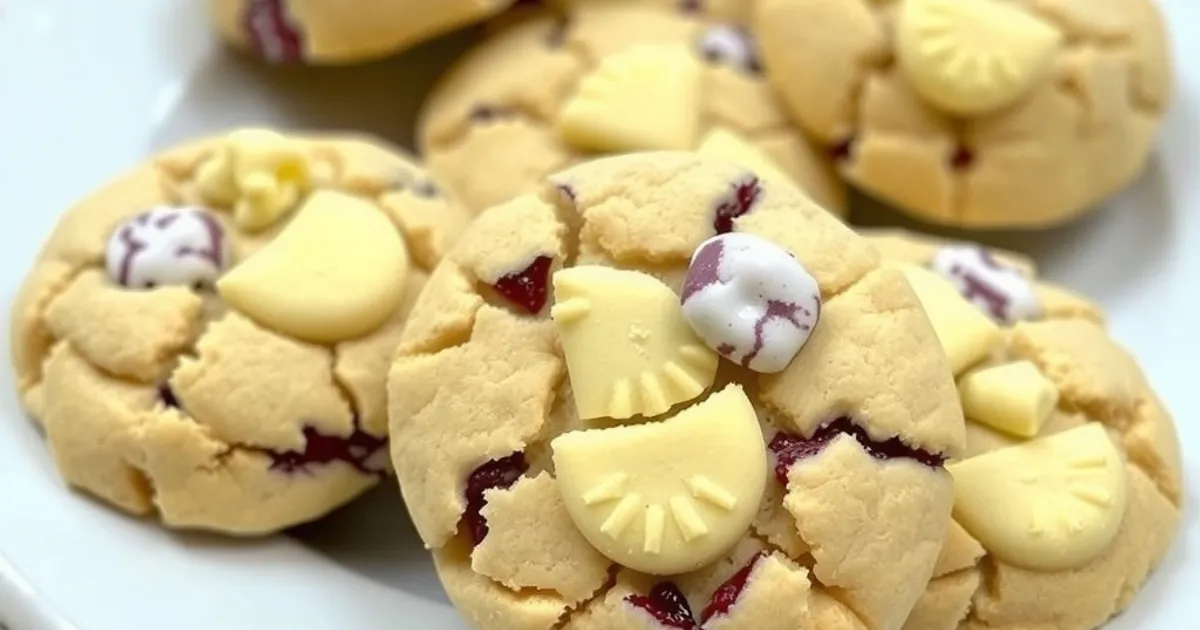 A plate of ube cookies decorated with white chocolate and ube candies.