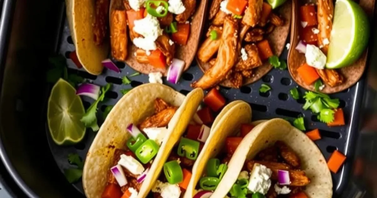 Perfectly cooked and arranged air fryer birria tacos with lime wedges and fresh cilantro.
