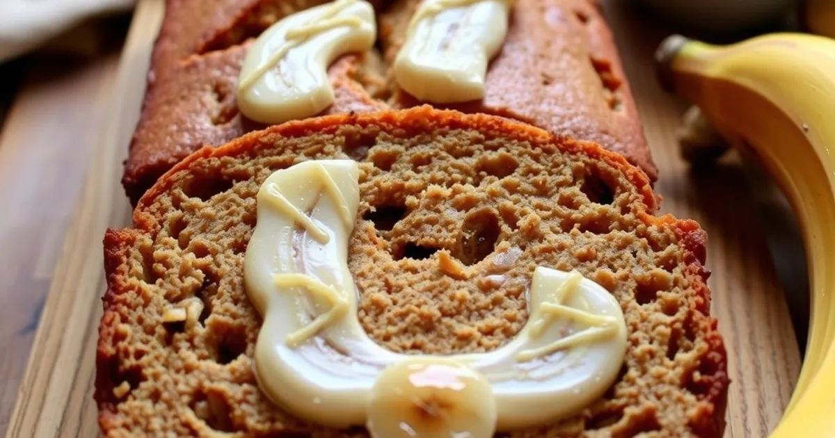 Sliced loaf of Miso Banana Bread decorated with banana slices