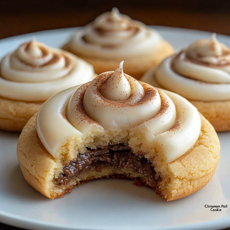 Several Cinnamon Roll Cookies displayed on a plate, with one cookie having a bite taken out, revealing the cinnamon filling.