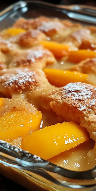 Close up of peach cobbler with a dusting of powdered sugar.