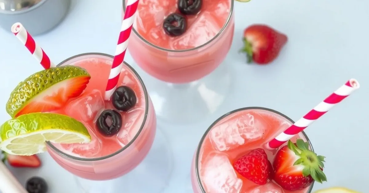 Three glasses of pink fruit soda floats garnished with fruit slices and berries