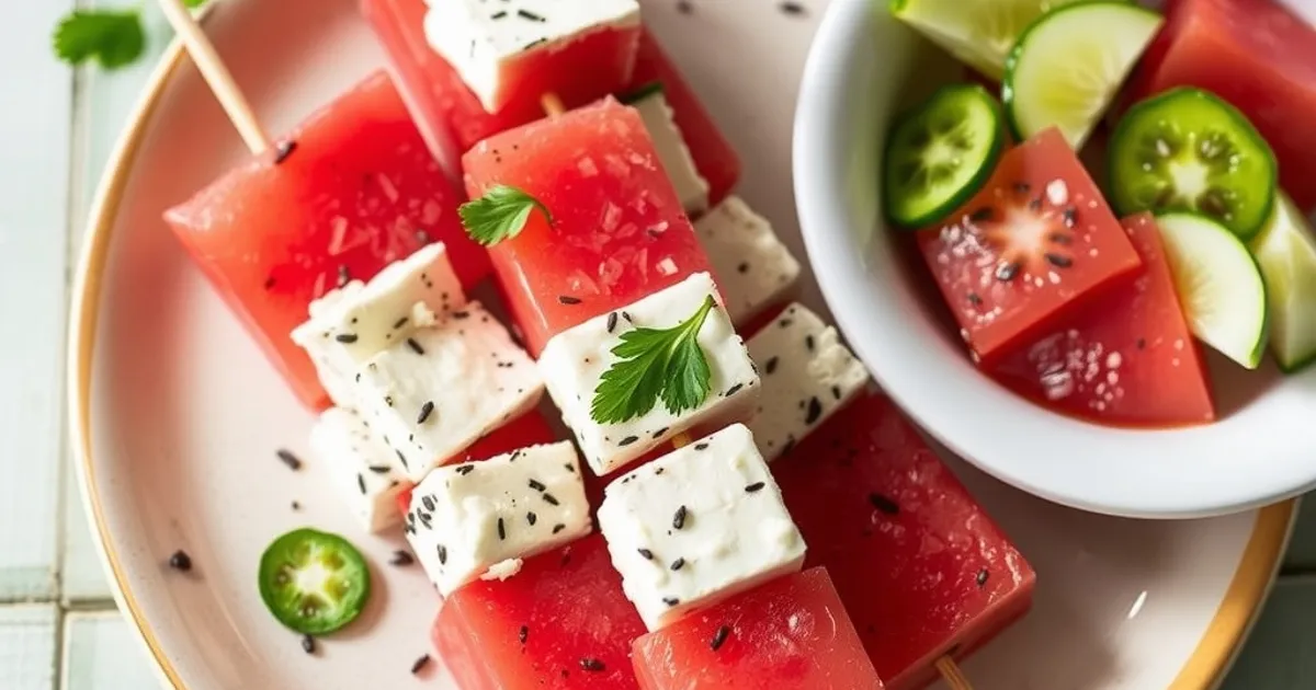 Skewers with watermelon, feta, and cucumber in the background