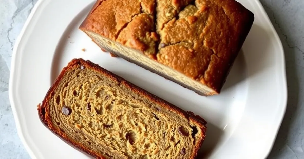 Overhead view of miso banana bread loaf and slice