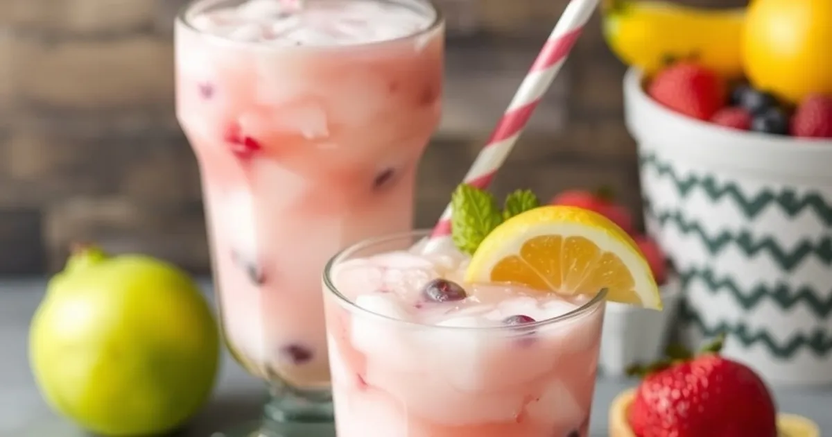Two glasses of fruit soda floats with lemon wedges and fresh berries