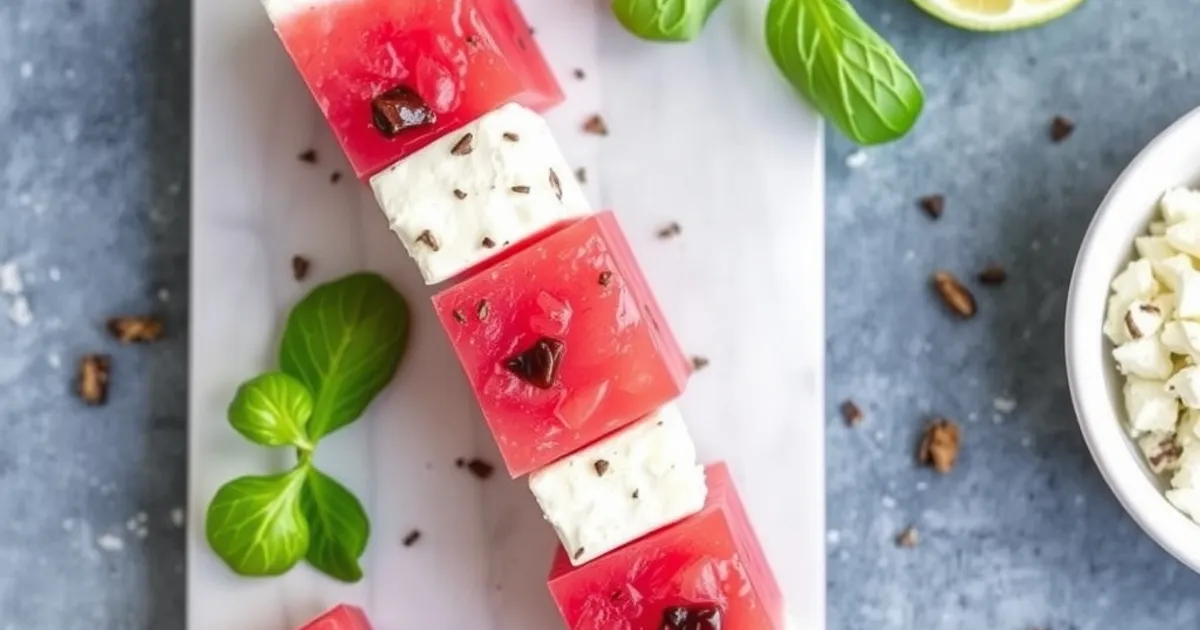 A close up shot of a single watermelon feta skewer with mint leaves