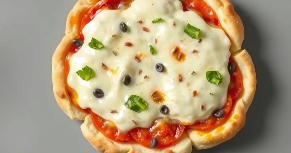 Overhead view of cloud bread pizza with tomatoes, cheese and olives