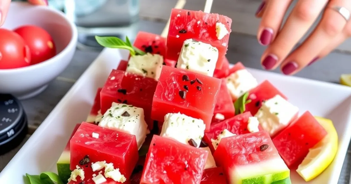 Watermelon feta skewers served on a white plate