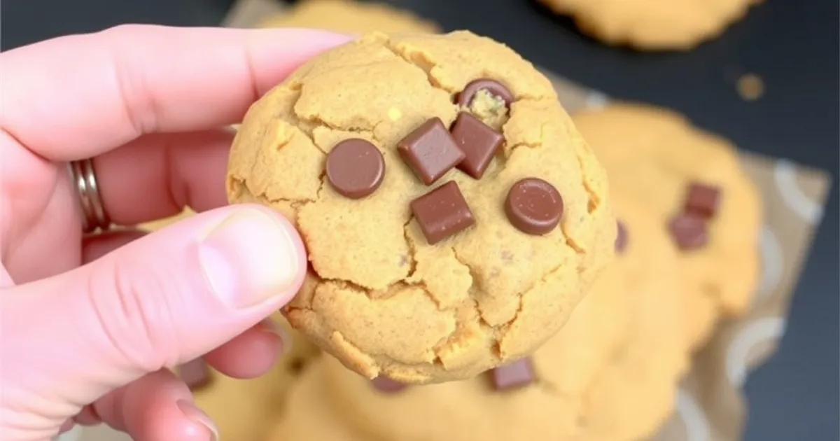 A hand holding a 3-ingredient fudge cookie with a stack in the background