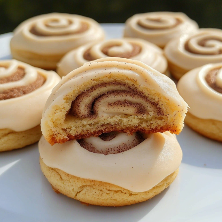 A stack of Cinnamon Roll Cookies cut in half, showcasing the spiral layers of cinnamon filling and cream cheese frosting.