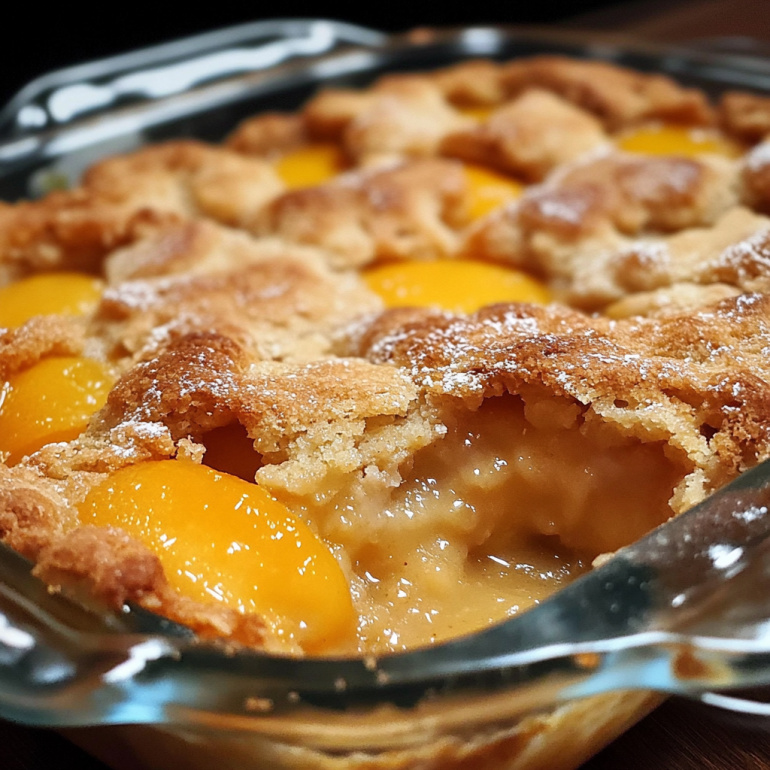 Close-up shot of a peach cobbler with a spoonful taken out, revealing the soft peaches and golden-brown crust inside a glass baking dish.