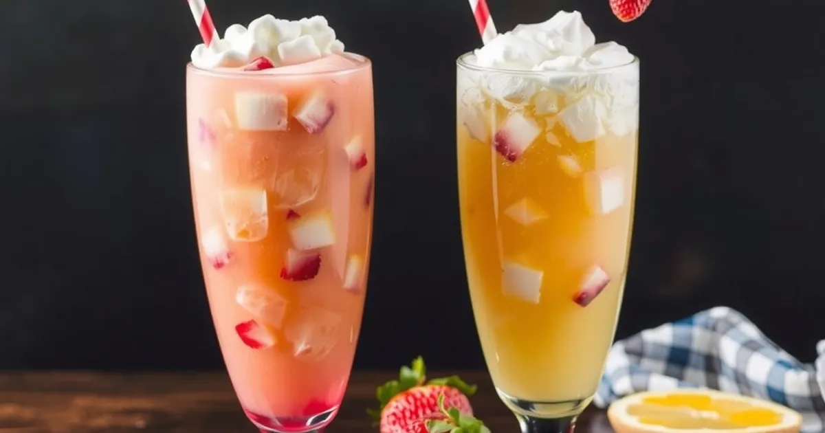 Two fruit soda floats topped with whipped cream and garnished with strawberries